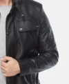 Black Leather Jacket with Chest Flap Pockets Closer