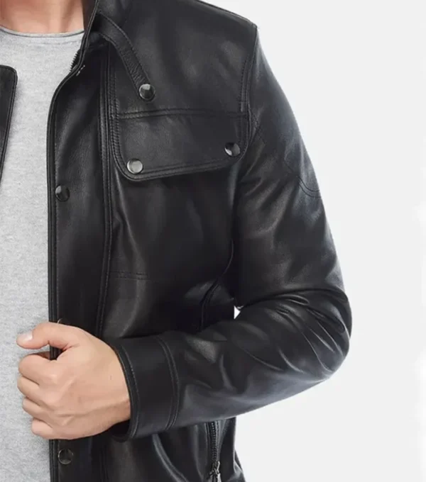 Black Leather Jacket with Chest Flap Pockets Closer