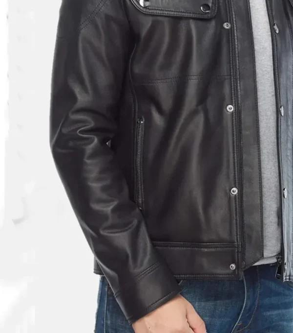 Black Leather Jacket with Chest Flap Pockets Side Look