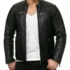 Black Leather Jacket with Quilted Shoulder