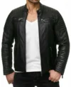 Black Leather Jacket with Quilted Shoulder