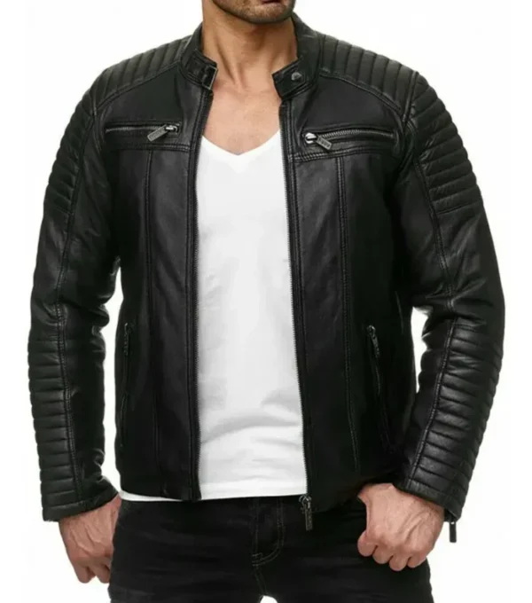 Black Leather Jacket with Quilted Shoulder