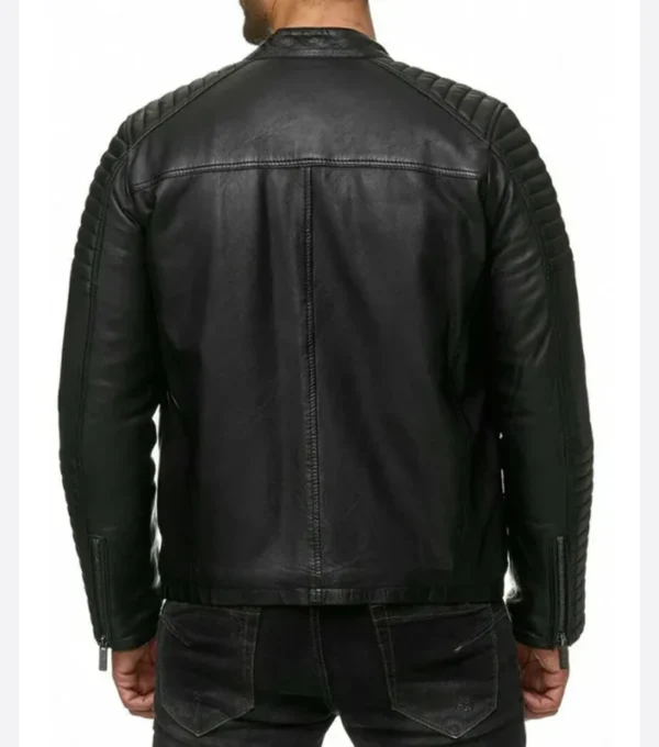Black Leather Jacket with Quilted Shoulder Back