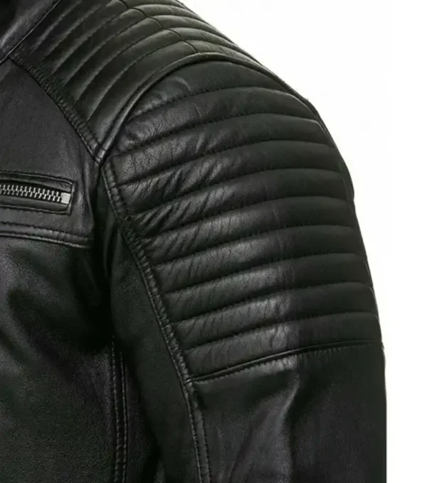 Black Leather Jacket with Quilted Shoulder Pic