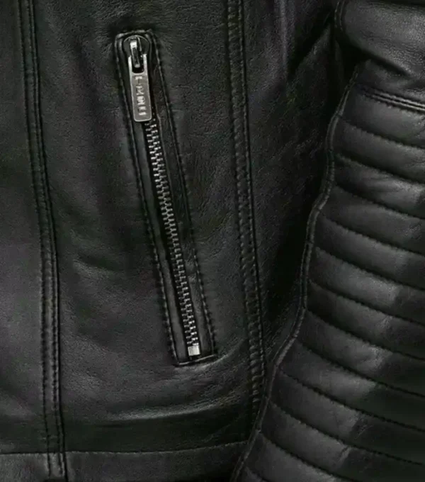 Black Leather Jacket with Quilted Shoulder Pocket