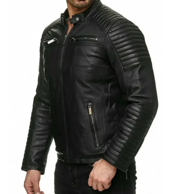 Black Leather Jacket with Quilted Shoulder Side Look