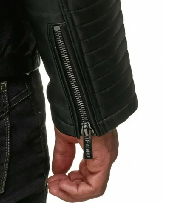 Black Leather Jacket with Quilted Shoulder Zipper