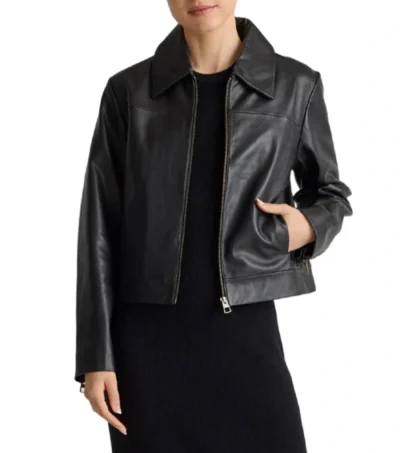 Black Leather Jacket with Shirt Style Collar