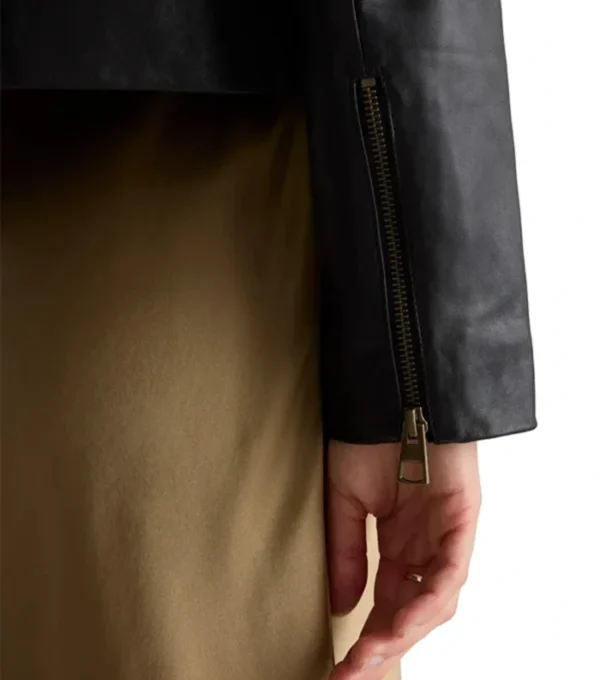 Black Leather Jacket with Shirt Style Collar Back Look