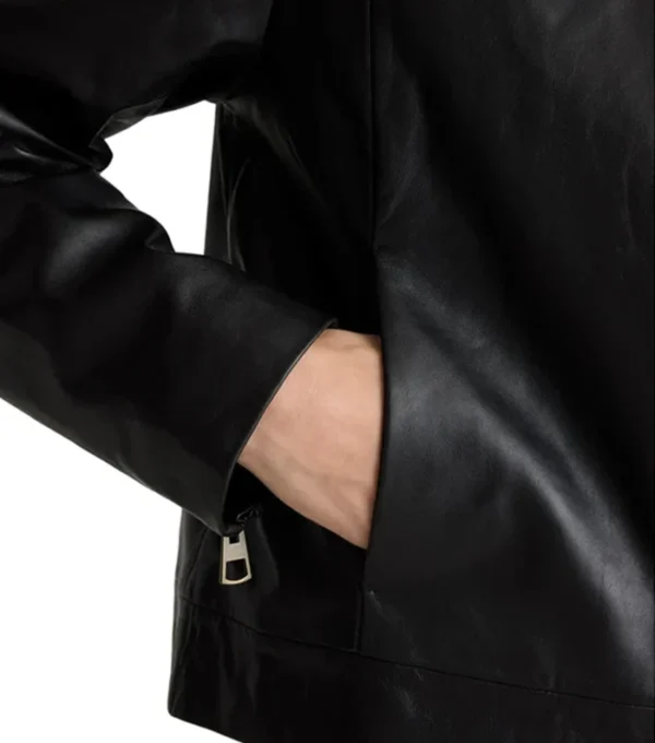 Black Leather Jacket with Shirt Style Collar Closer