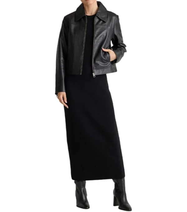 Black Leather Jacket with Shirt Style Collar Front