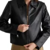 Black Leather Jacket with Shirt Style Collar On Sale