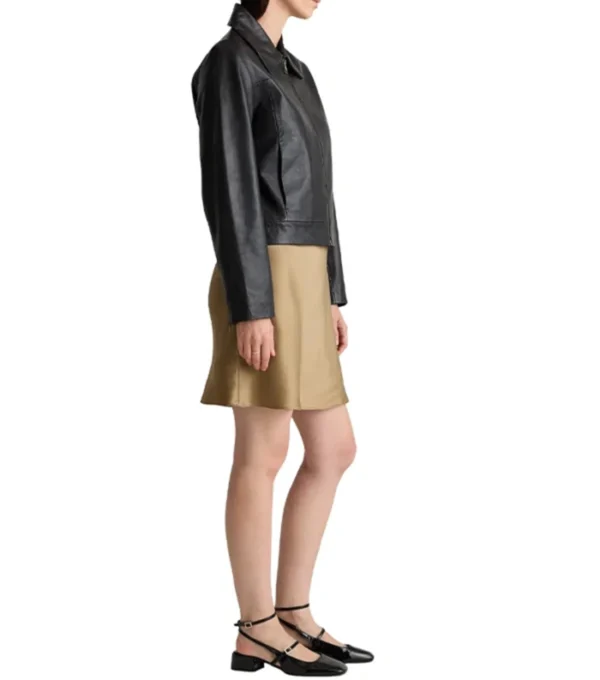 Black Leather Jacket with Shirt Style Collar Side Look