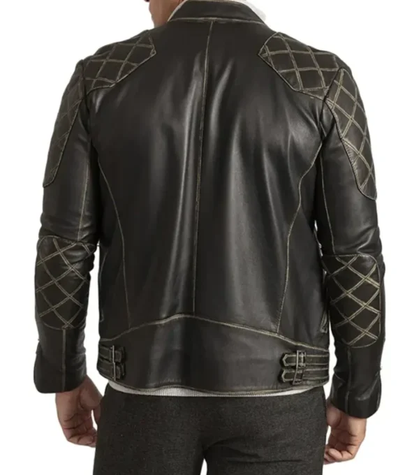 Black Quilted Shoulder Leather Men Jacket Back