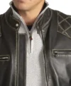 Black Quilted Shoulder Leather Men Jacket Closer