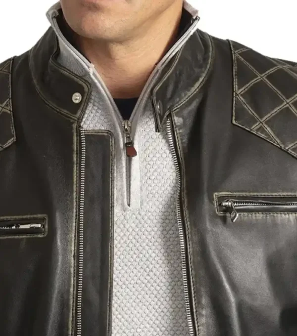 Black Quilted Shoulder Leather Men Jacket Closer