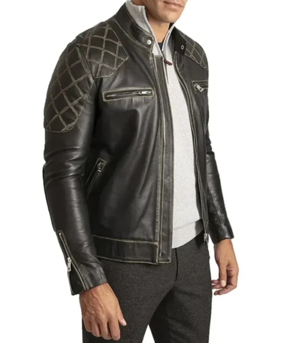 Black Quilted Shoulder Leather Men Jacket Side Look