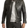 Black Quilted Shoulder Leather Men Jacket on Sale