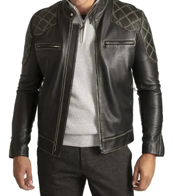 Black Quilted Shoulder Leather Men Jacket on Sale