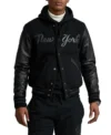 Black Wool Varsity Jacket with Bold New York