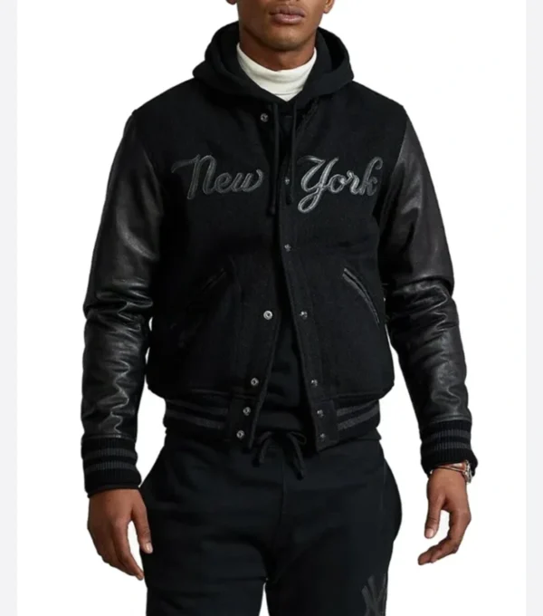 Black Wool Varsity Jacket with Bold New York