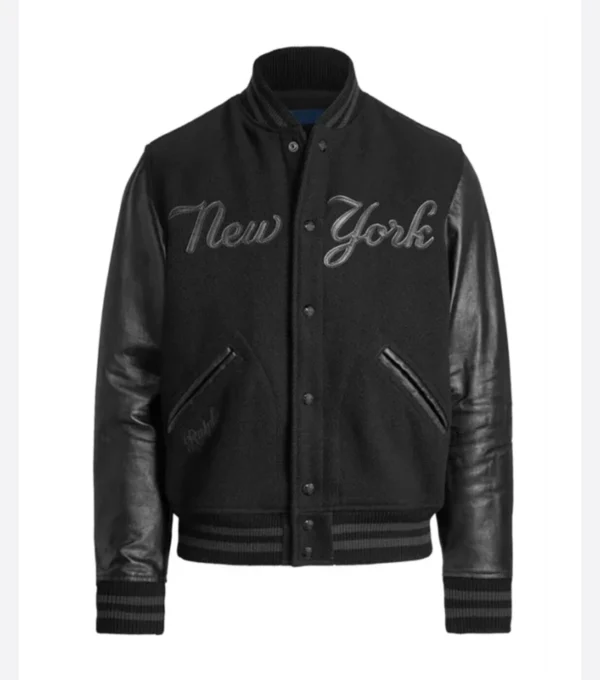 Black Wool Varsity Jacket with Bold New York Front