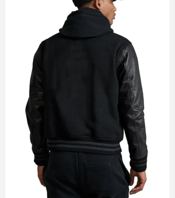 Black Wool Varsity Jacket with Bold New York Front Back