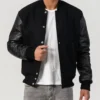 Black Wool Varsity Jacket with Leather Sleeves