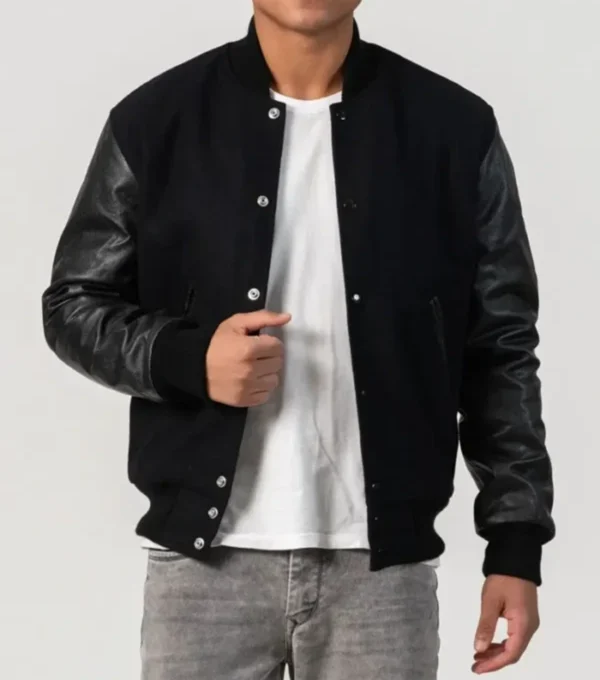 Black Wool Varsity Jacket with Leather Sleeves