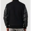 Black Wool Varsity Jacket with Leather Sleeves Back