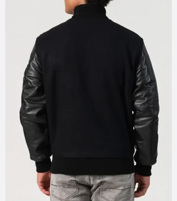 Black Wool Varsity Jacket with Leather Sleeves Back