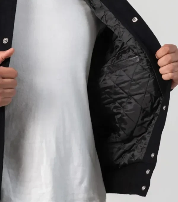 Black Wool Varsity Jacket with Leather Sleeves Front