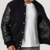 Black Wool Varsity Jacket with Leather Sleeves Side Look
