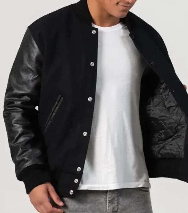 Black Wool Varsity Jacket with Leather Sleeves Side Look