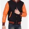 Black Wool Varsity Jacket with Orange Sleeve