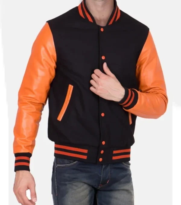 Black Wool Varsity Jacket with Orange Sleeve