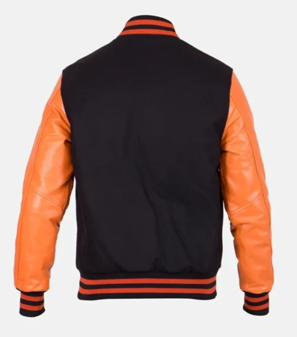 Black Wool Varsity Jacket with Orange Sleeve Back