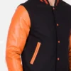Black Wool Varsity Jacket with Orange Sleeve Front