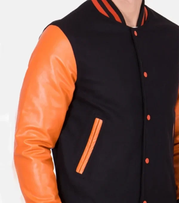 Black Wool Varsity Jacket with Orange Sleeve Front