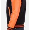 Black Wool Varsity Jacket with Orange Sleeve Side Look