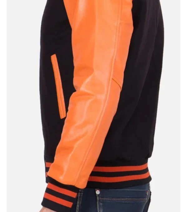 Black Wool Varsity Jacket with Orange Sleeve Side Look