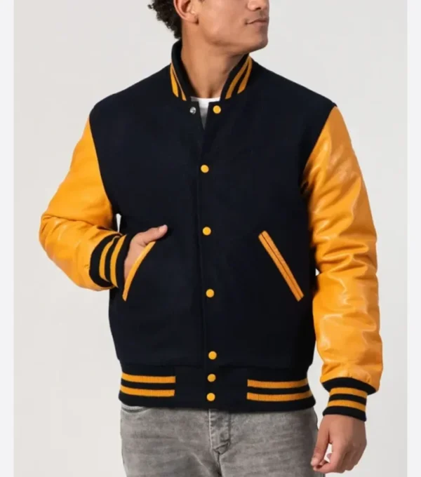 Black Wool Varsity Jacket with Yellow Sleeves