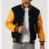 Black Wool Varsity Jacket with Yellow Sleeves Front
