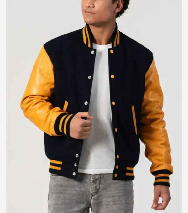 Black Wool Varsity Jacket with Yellow Sleeves Front