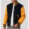 Black Wool Varsity Jacket with Yellow Sleeves Side Look