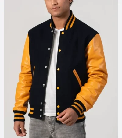 Black Wool Varsity Jacket with Yellow Sleeves Side Look