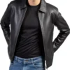 Black Zipper Leather Jacket for Men Front Look