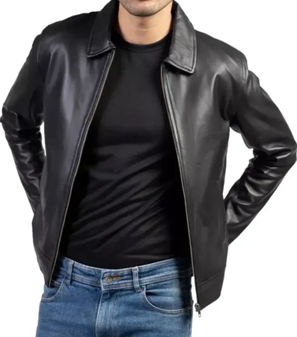Black Zipper Leather Jacket for Men Front Look