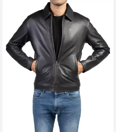 Black Zipper Leather Jacket for Men on Sale