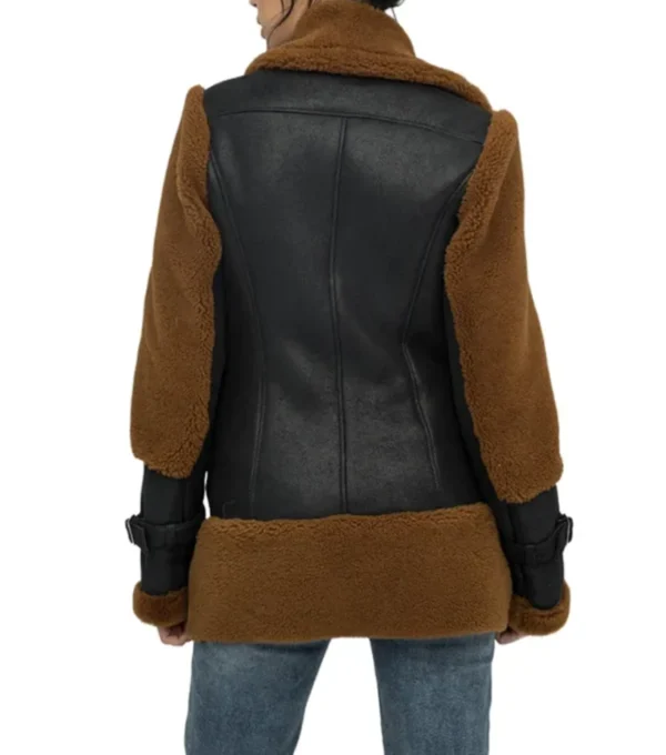 Black and Brown Shearling Aviator Leather Jacket Back